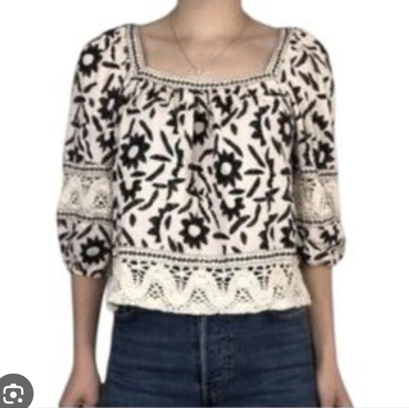 Christian Siriano NY Boho Blouse Crochet Lace Floral Top Sz XS Linen Blend - Picture 1 of 7